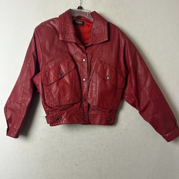Leather Jacket size 6-8 EU 38 Red Cropped Motorcycle Retro Rock VTG 1980's Coat - Picture 1 of 5